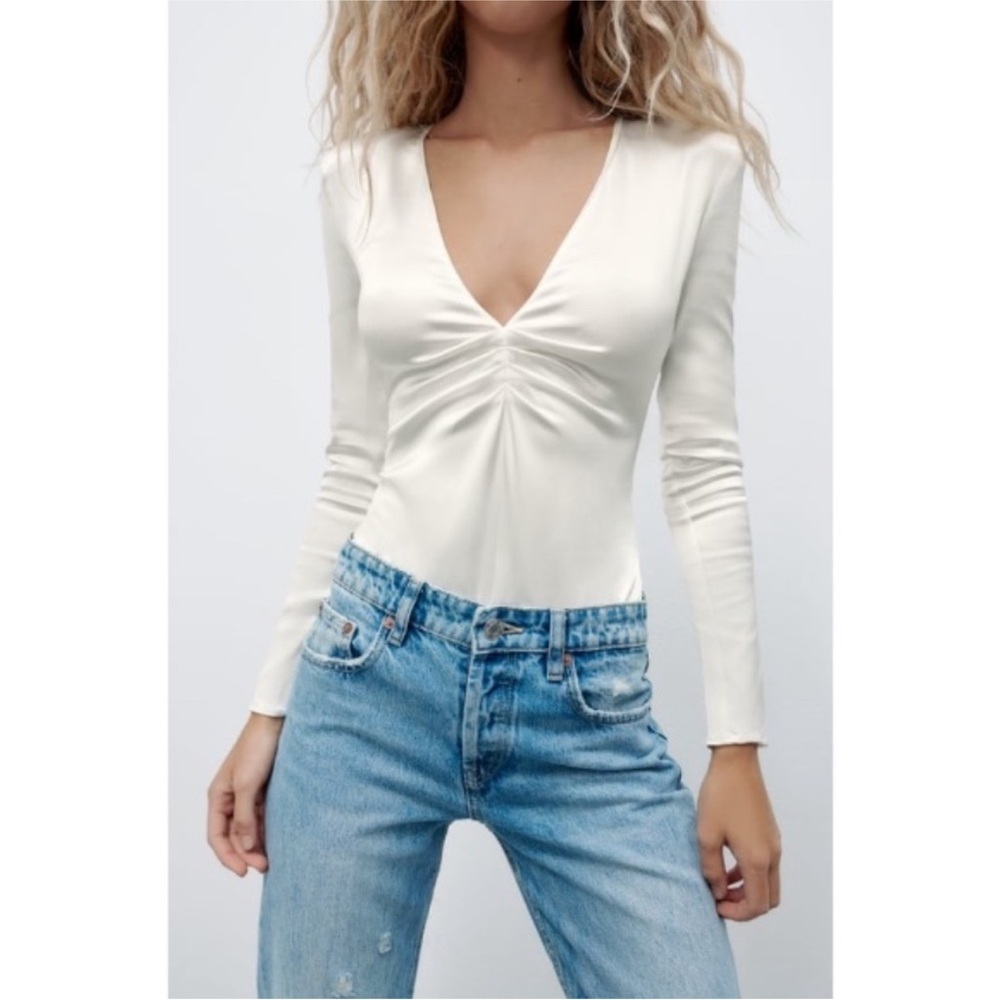 NWT Zara Satin Ruched Deep V Bodysuit Padded Shoulders White XL